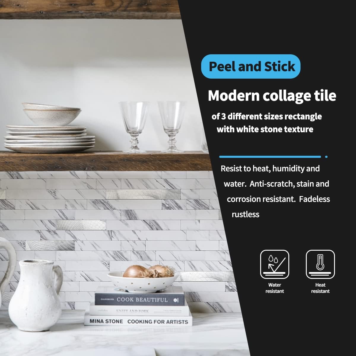 Art3d 10-Sheet Peel and Stick Backsplash Tile for Kitchen Bathroom Fireplace Laundry Room in White Slate with Gold Studded