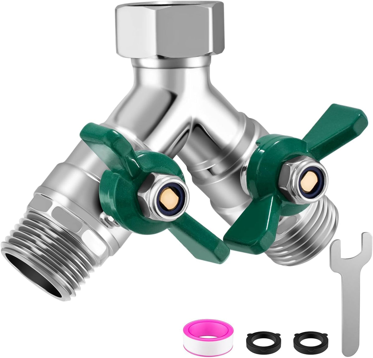 Garden Hose Splitter 2 Way, Heavy Duty Brass Hose Splitter, 3/4" GHT Hose Y Splitter with Shutoff, Full Flow Outdoor Faucet Splitter, Water Hose Y Valve Tap Adapter