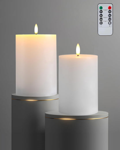 Gmnee 3"x4" Flickering Flameless Candles with Remote Timer, 3" Diameter White Pillar, Real Wax, Set of 2 Large Battery Operated LED Candles for Table and Fireplace Decor (H 4")
