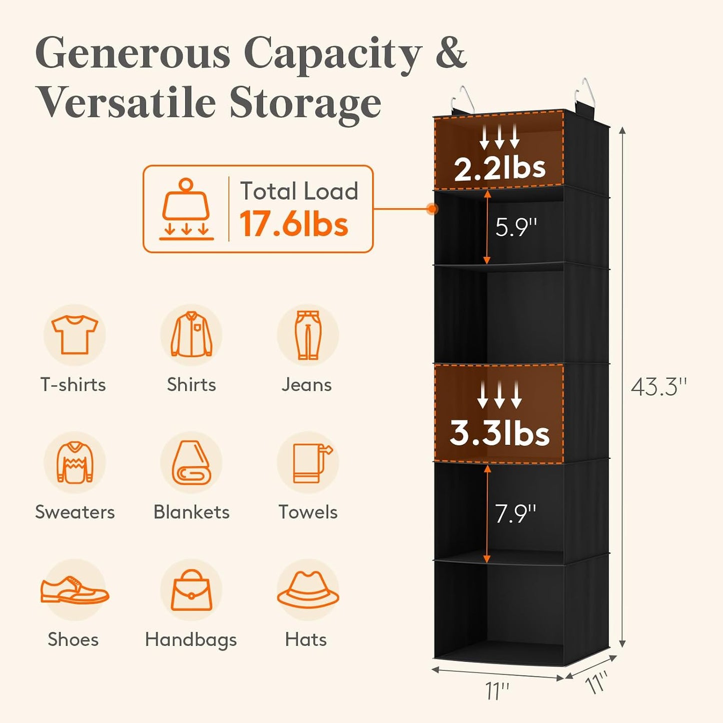Lifewit 5 Tier Hanging Closet Organizer and Storage for Shelves, Foldable Clothes Shelf with 2 Sturdy Hooks, Sweater/Coat/Shoes Clothing Organization for Wardrobe, Dorm, Bedroom, Gray