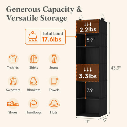Lifewit 5 Tier Hanging Closet Organizer and Storage for Shelves, Foldable Clothes Shelf with 2 Sturdy Hooks, Sweater/Coat/Shoes Clothing Organization for Wardrobe, Dorm, Bedroom, Gray
