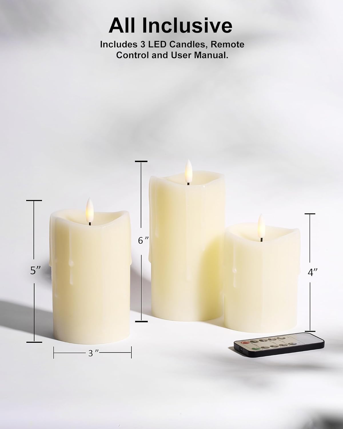 White Flameless Candles with Remote and Timer, Real Wax Made Wax Drip LED Pillar Candles Battery Operated with 3D Flickering Flame Melted Top - 3" x 4",5",6" - Set of 3