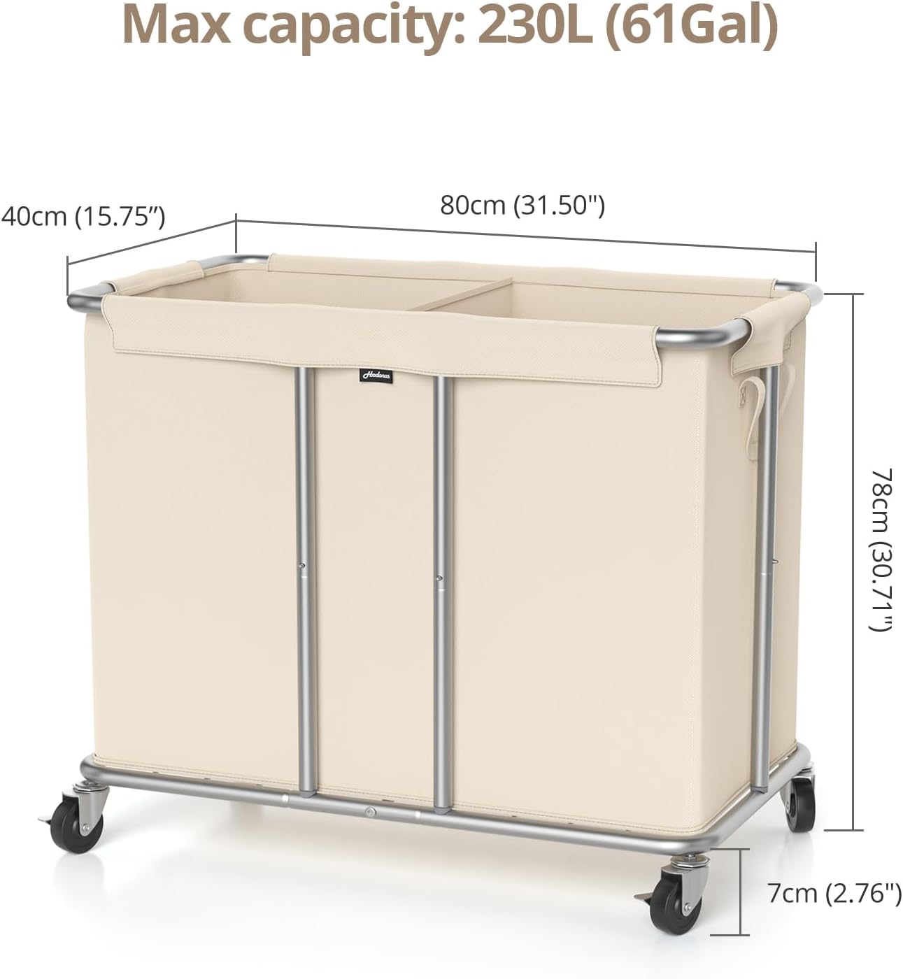 Hodonas 230L Rolling Laundry Hamper, 2-Section Laundry Basket with Wheels, 61 Gallons Laundry Sorter with Metal Structure and Removable Liner, Clothes Hamper for Laundry Room, Bathroom, Bedroom, Beige