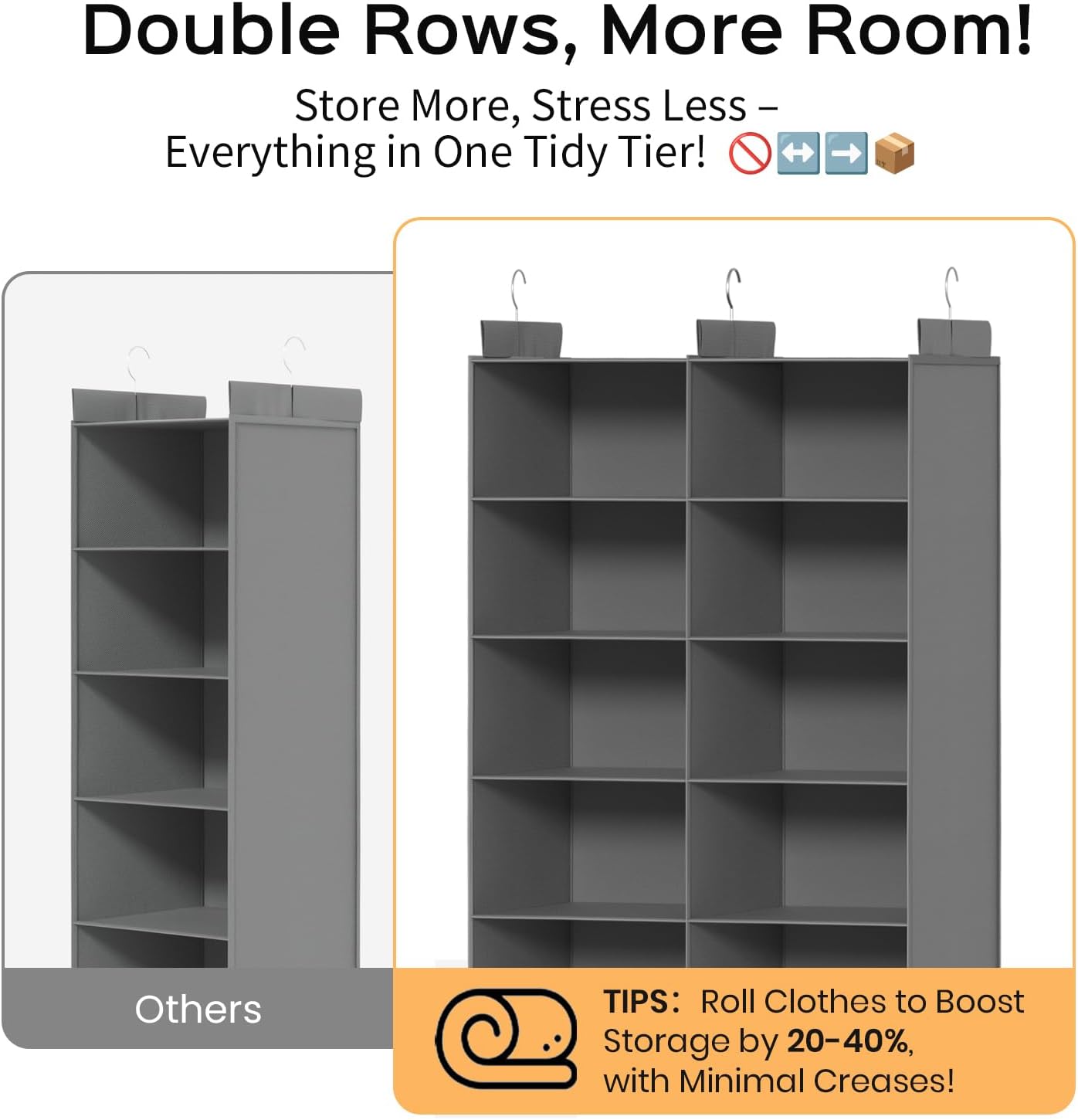 ALLTIDYUP Grey 5-Tier Hanging Closet Storage Organizer - Space-Saving Dual-Row Foldable Shelves with 3 Hooks, Wardrobe Organizer for Dorm, Bedroom, Clothes and Accessories