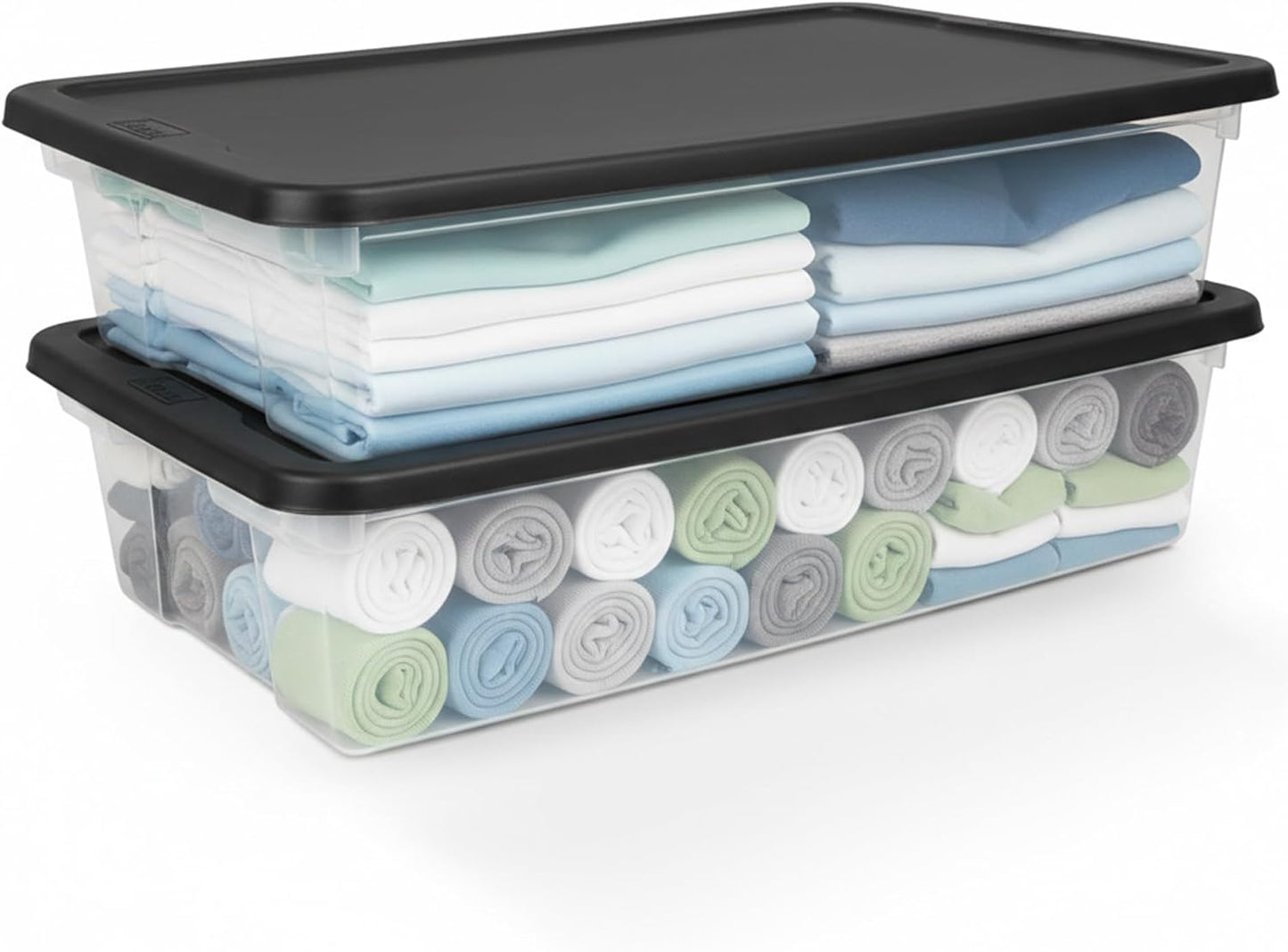HOMZ 2-Pack Snaplock, Small Clear Plastic Storage Organizer Bins w/ Lids, 28 Quart, Gray - Stackable Container Boxes for Bedroom, Bathroom, Garage, and Office Organization