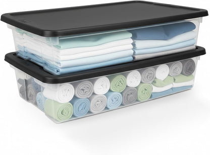 HOMZ 2-Pack Snaplock, Small Clear Plastic Storage Organizer Bins w/ Lids, 28 Quart, Gray - Stackable Container Boxes for Bedroom, Bathroom, Garage, and Office Organization