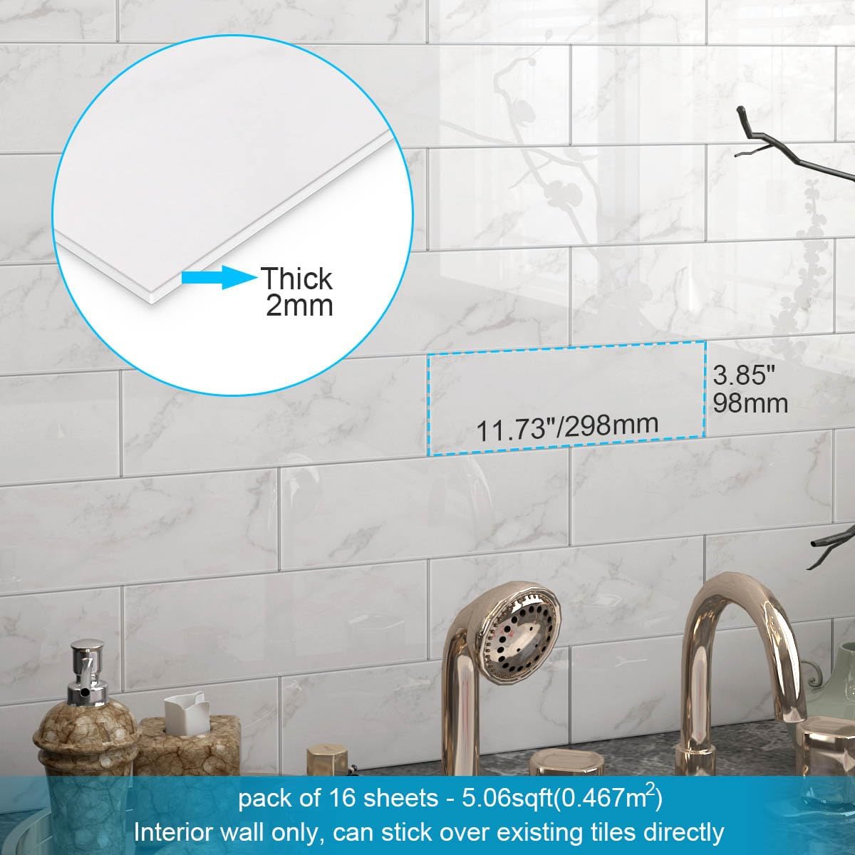 BeNice Peel and Stick Backsplash for Kitchen Tile,Peel and Stick Tiles for Walls Tile Stickers Waterproof Marble Tile Backsplash 3.85"x11.73"(16Tiles) White Gray