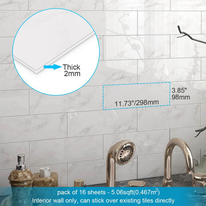 BeNice Peel and Stick Backsplash for Kitchen Tile,Peel and Stick Tiles for Walls Tile Stickers Waterproof Marble Tile Backsplash 3.85"x11.73"(16Tiles) White Gray