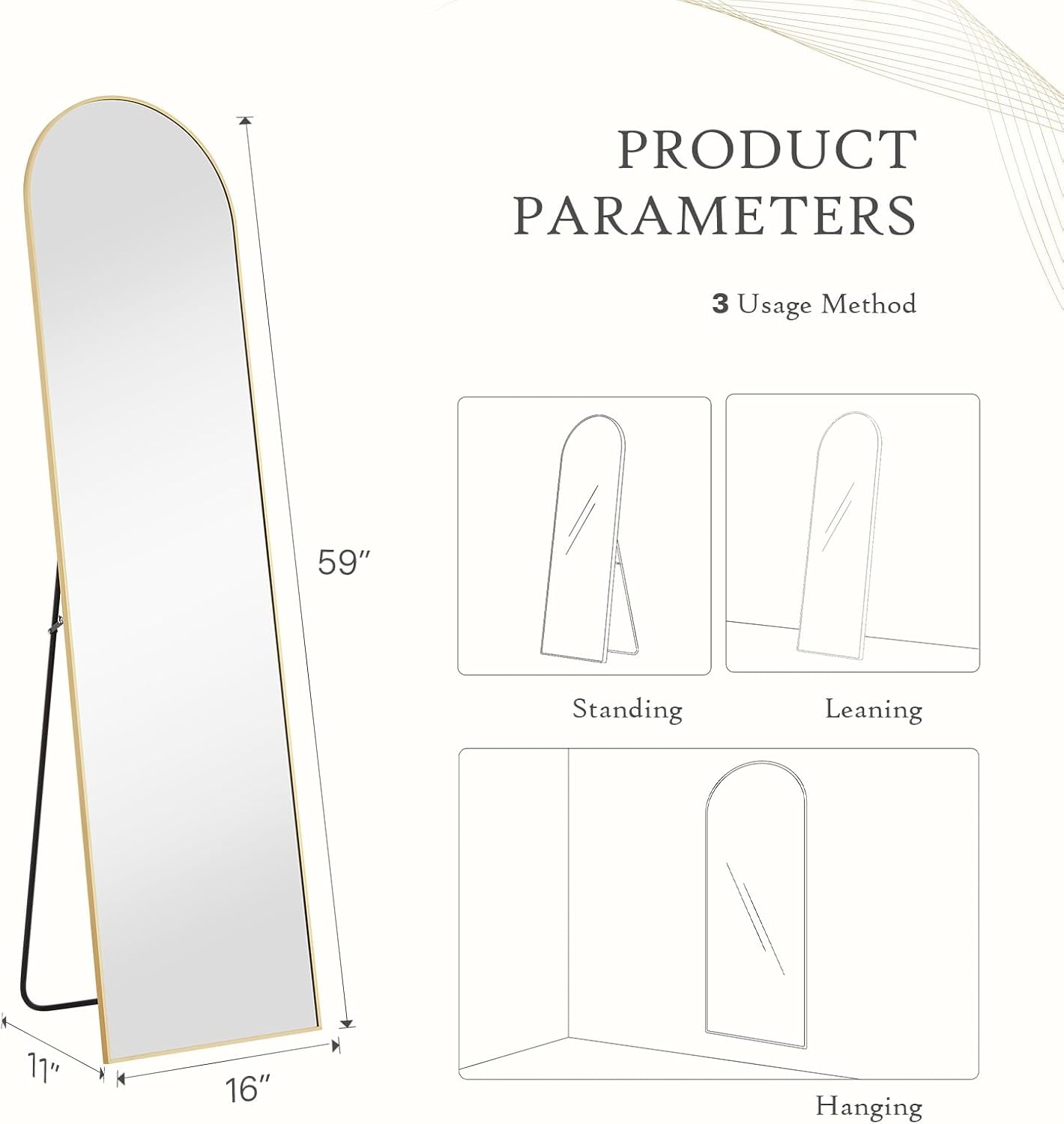 Arched Mirror Full Length, Upgraded 16"x59" Body Wall Mirrors with Shatter-Proof Glass, Floor Standing, Hanging or Leaning, Tall Arch Mirror with Stand Aluminum Alloy Frame for Bedroom Cloakroom