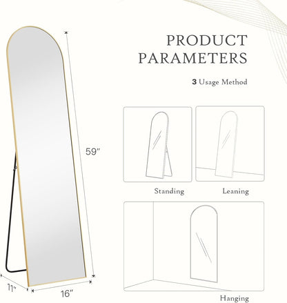 Arched Mirror Full Length, Upgraded 16"x59" Body Wall Mirrors with Shatter-Proof Glass, Floor Standing, Hanging or Leaning, Tall Arch Mirror with Stand Aluminum Alloy Frame for Bedroom Cloakroom