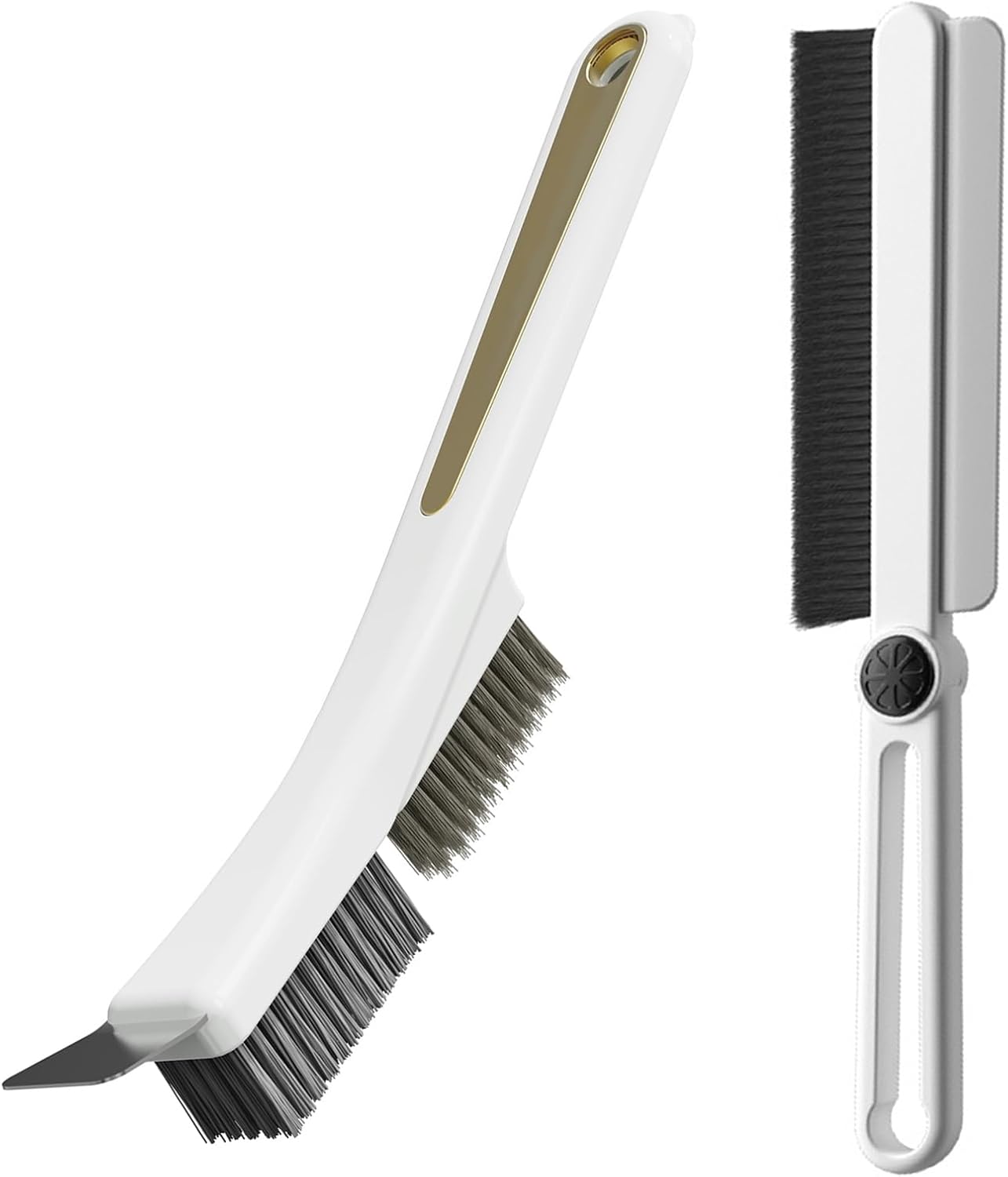 Crevice Cleaning Brushes with Rotatable Handle, Wire Nylon Scrub Brush with Stainless Steel Scraper, Grout Brush for Kitchen Stove Sink Tiles Corners Range Hood Door Window Track, 2 Pcs