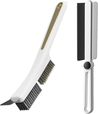 Crevice Cleaning Brushes with Rotatable Handle, Wire Nylon Scrub Brush with Stainless Steel Scraper, Grout Brush for Kitchen Stove Sink Tiles Corners Range Hood Door Window Track, 2 Pcs