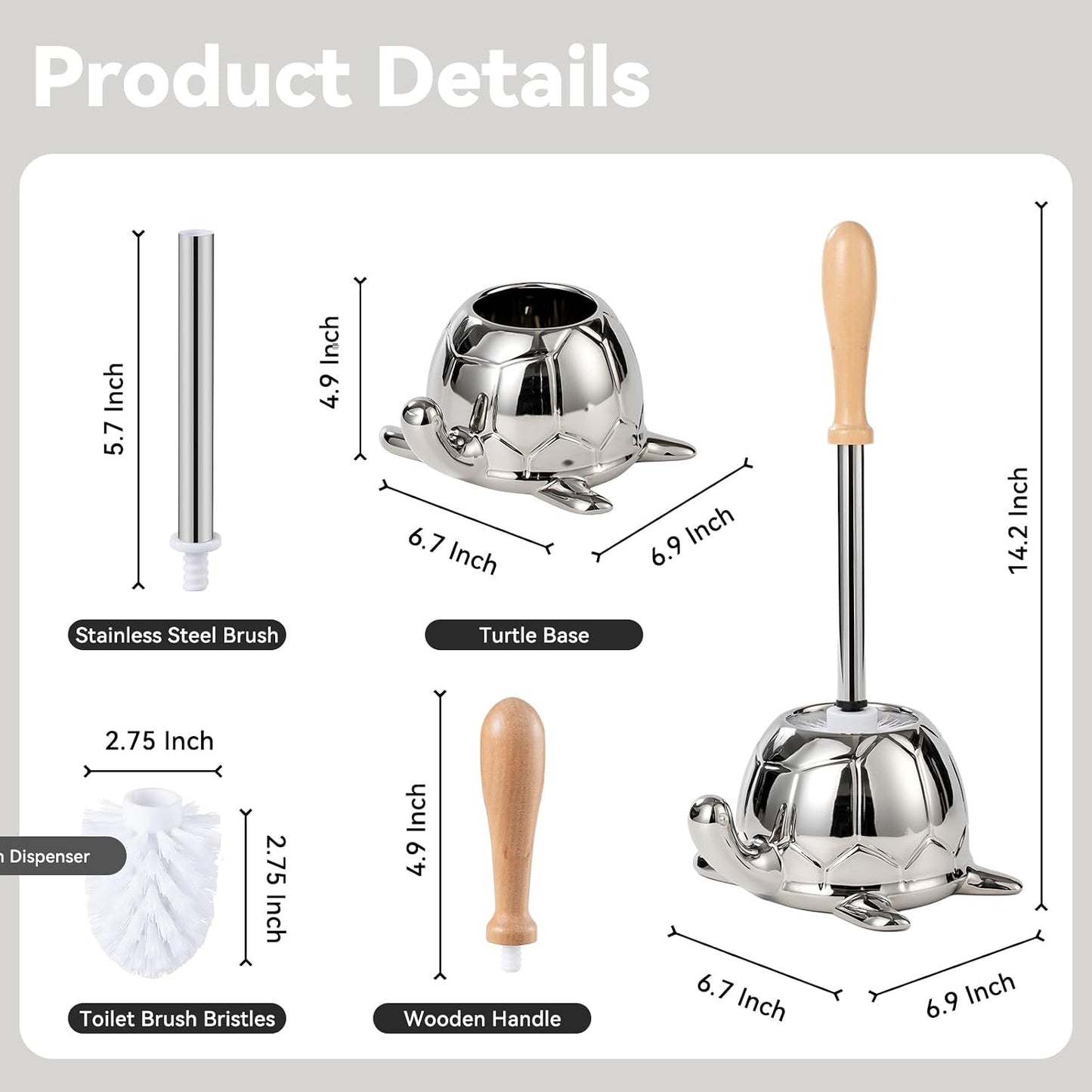 Toilet Brush and Holder Set, Ceramic Turtle Base Toilet Brush Set - 7.5” Bowl Cleaner, Toilet Scrubber Brush with Ergonomic Handle (Silver)