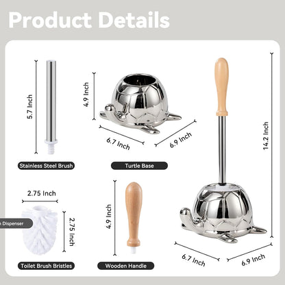Toilet Brush and Holder Set, Ceramic Turtle Base Toilet Brush Set - 7.5” Bowl Cleaner, Toilet Scrubber Brush with Ergonomic Handle (Silver)