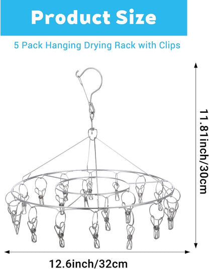 5 Pack Stainless Steel Hanging Drying Rack with Clips - Foldable Laundry & Plant Dryer for Socks, Underwear, Bras, Towels, Spices & Flowers