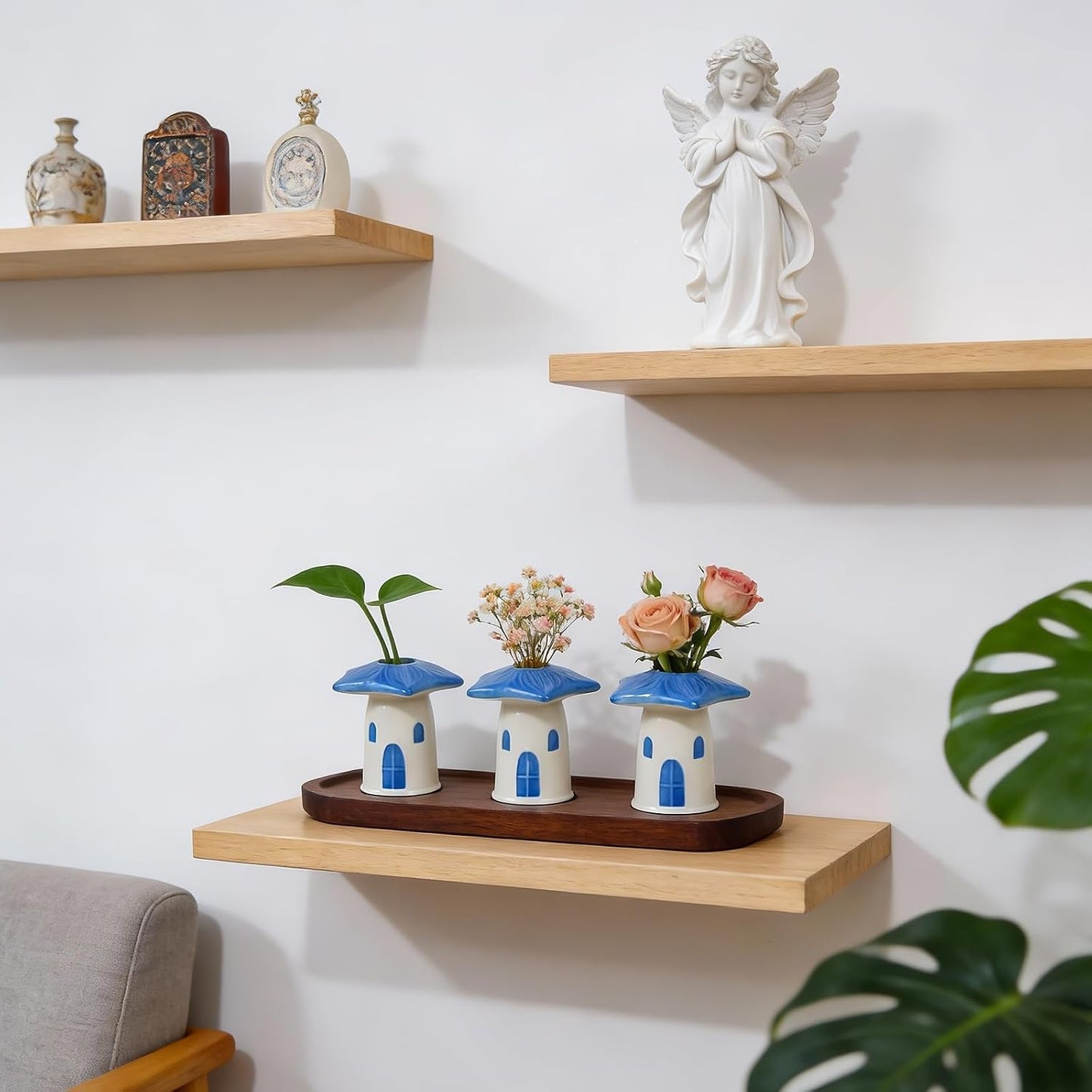 MOUGIGI Cute Blue House Ceramic Bud Vase Set of 3 - Handmade Miniature Vase with Star Roof for Dried Flowers, Chic Japandi Style Decor for Entryway, Dining,Coffee Table - Ideal Small Gift for Home