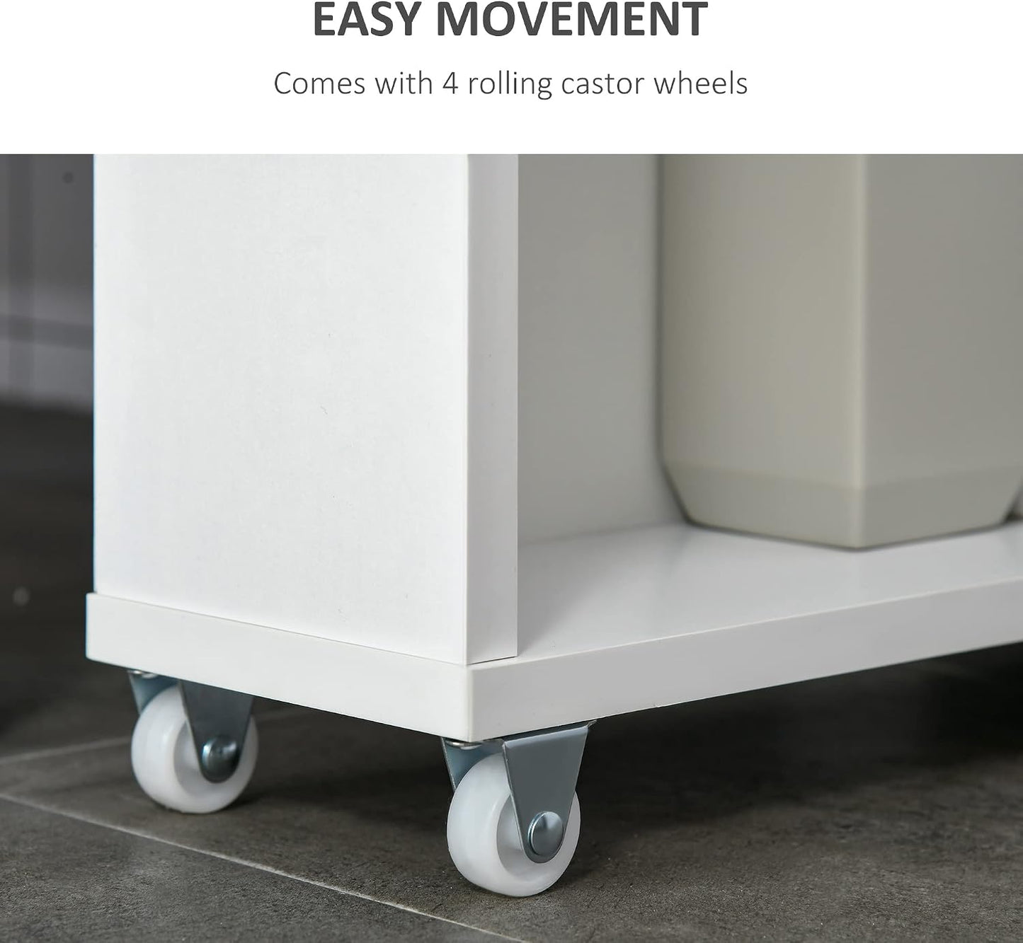 kleankin Slim Bathroom Cabinet with Castor Wheels Storage Organizer and Wood Shelves to Fit in Small Spaces, White