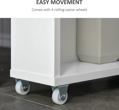 kleankin Slim Bathroom Cabinet with Castor Wheels Storage Organizer and Wood Shelves to Fit in Small Spaces, White