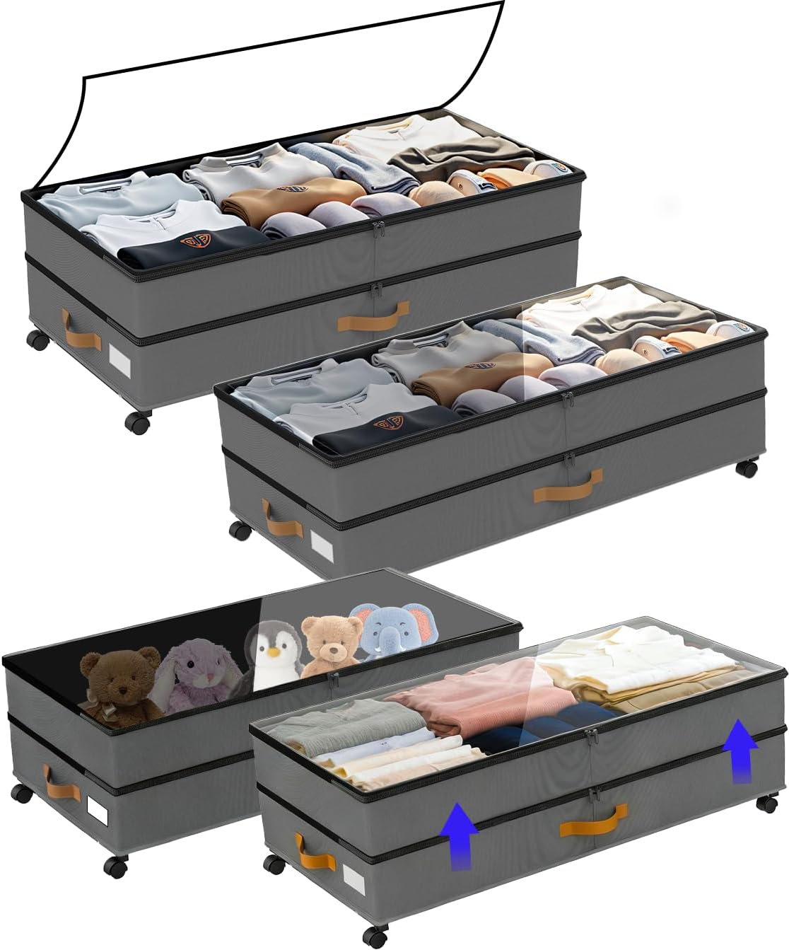 Under Bed Storage with Wheels 2-Pack, 75L XXL Under the Bed Storage Containers Large, 12" Tall Adjustable Storage for Underbed with Lids, Rolling for Clothes, Shoes, Blankets (Black)