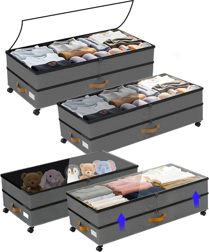 Under Bed Storage with Wheels 2-Pack, 75L XXL Under the Bed Storage Containers Large, 12" Tall Adjustable Storage for Underbed with Lids, Rolling for Clothes, Shoes, Blankets (Black)