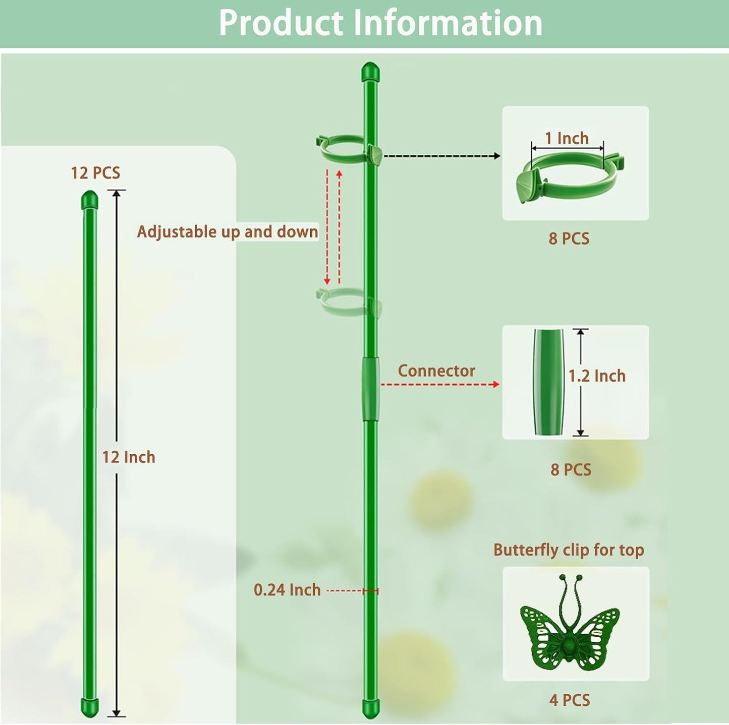 Extendable Plant Stakes 12 Inch, 12-Pack Heavy Duty Plant Support Poles with 12 Clips, Stackable Plant Holder Sticks for Orchid, Monstera, Amaryllis, Tomato, Indoor Outdoor Plants