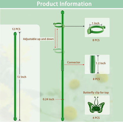 Extendable Plant Stakes 12 Inch, 12-Pack Heavy Duty Plant Support Poles with 12 Clips, Stackable Plant Holder Sticks for Orchid, Monstera, Amaryllis, Tomato, Indoor Outdoor Plants