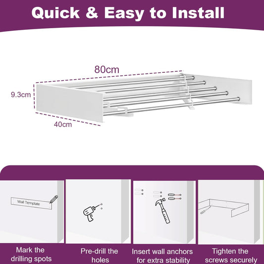 ECHOKRAFTS Wall Mounted Clothes Drying Rack, Foldable Wall Mount Laundry Rack Folding Indoor, Drying Rack Clothing Collapsible, Hidden Space Saver Cloths Drying Rack, Wall Drying Rack