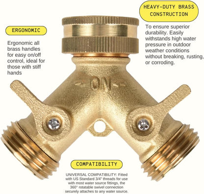 Heavy Duty Brass Garden Hose Splitter, 2 Way Outdoor Faucet Splitter with Solid Brass Handles, Leakproof 3/4 Inch Hose Bib Adapter, Heavy Duty Outdoor Water Hose Connector for Garden and Yard-2Pack