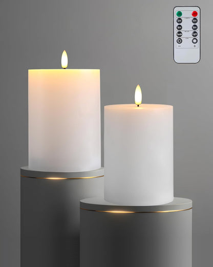 Gmnee 3"x4" Flickering Flameless Candles with Remote Timer, 3" Diameter White Pillar, Real Wax, Set of 2 Large Battery Operated LED Candles for Table and Fireplace Decor (H 4")