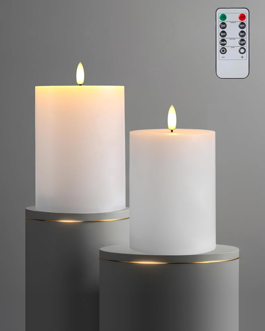 Gmnee 3"x4" Flickering Flameless Candles with Remote Timer, 3" Diameter White Pillar, Real Wax, Set of 2 Large Battery Operated LED Candles for Table and Fireplace Decor (H 4")