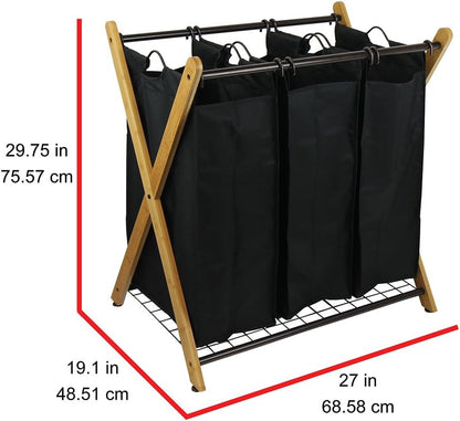 Oceanstar XBS1484 Bamboo 3-Bag Laundry Sorter Black, 29.75 in. H x 19.10 in. W x 27 in.