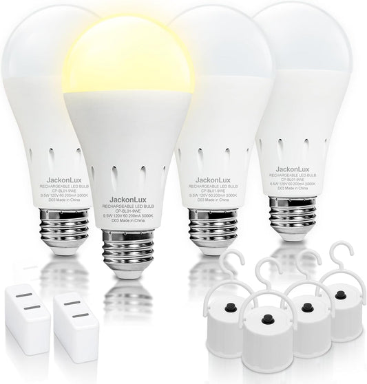 JackonLux Rechargeable Emergency LED Bulb Multi-Function Battery Backup Emergency Light for Power Outage Camping Outdoor Activity Hurricane (4, White-5000K-4PK)