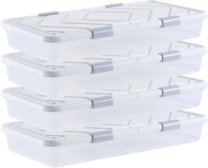 VEVOR Under Bed Storage with Wheels, 31.7 x 15.6 x 6.9 inch Underbed Containers, Underbed Shoes Organizer with Lid & Gray Latch, Rolling Under the Bed Storage Bins for Clothes Shoes Blankets, 4 Pack