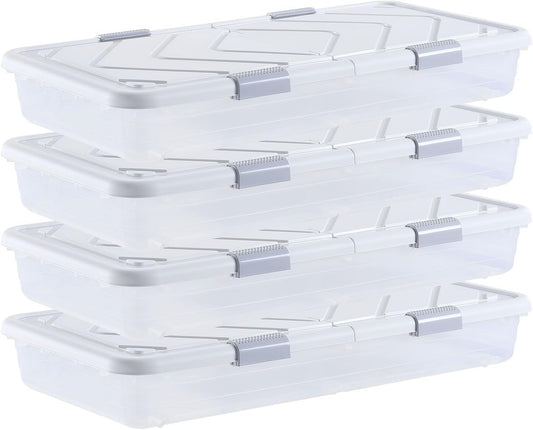 VEVOR Under Bed Storage with Wheels, 31.7 x 15.6 x 6.9 inch Underbed Containers, Underbed Shoes Organizer with Lid & Gray Latch, Rolling Under the Bed Storage Bins for Clothes Shoes Blankets, 4 Pack