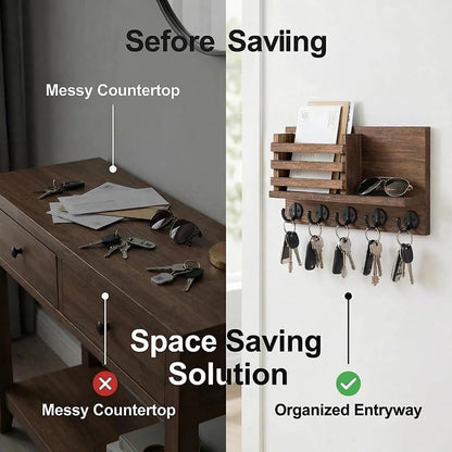 Wall Key Hook, Mail Organizer with 5 Metal Key Hooks, Decorative Key Rack Wall Mount, Tung Wood, 11.8 x 6.7 inches, Includes mounting Hardware (Brown)