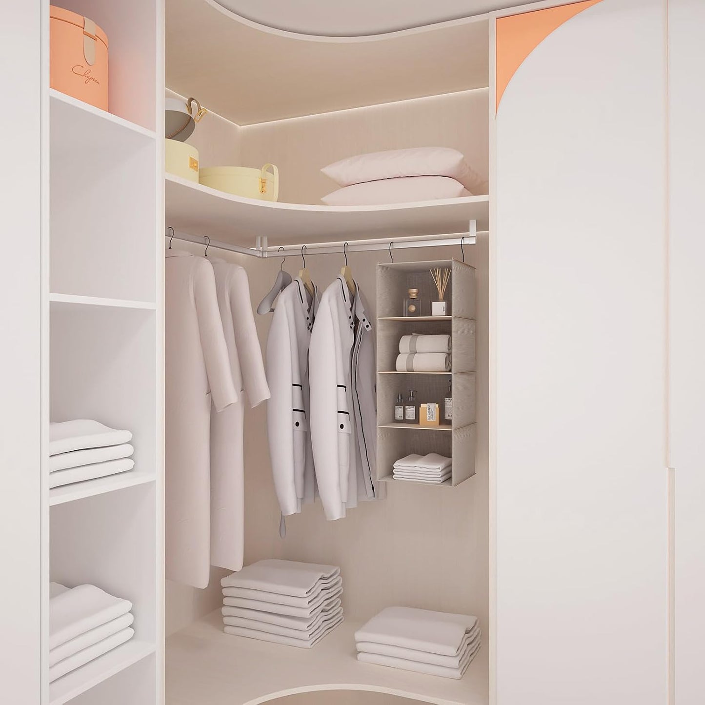 Hanging Closet Organizer 3-Shelf, Oxford Fabric Wardrobe Storage, Gray | Easy-mount foldable design holds clothes, handbags, shoes & accessories; washable Oxford fabric, sturdy and space-saving.