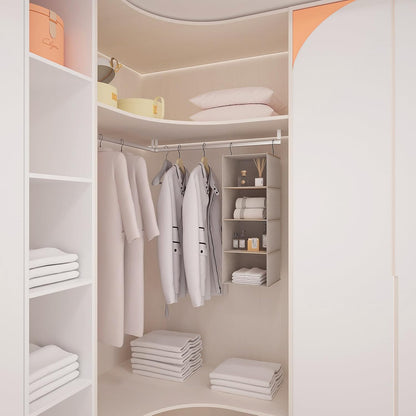 Hanging Closet Organizer 3-Shelf, Oxford Fabric Wardrobe Storage, Gray | Easy-mount foldable design holds clothes, handbags, shoes & accessories; washable Oxford fabric, sturdy and space-saving.
