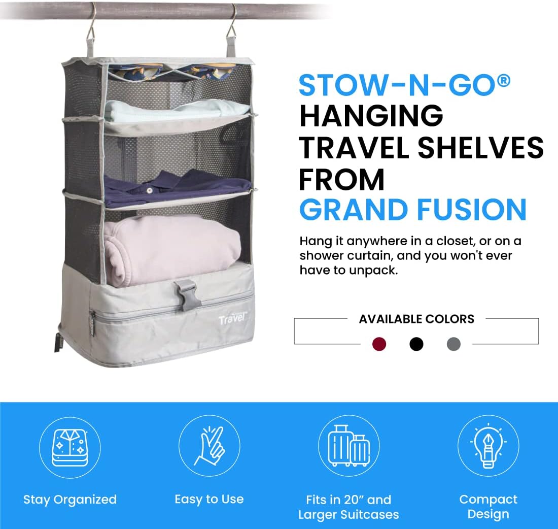 Grand Fusion Stow-N-Go Hanging Travel Shelves, Packing Organizer for Luggage. Carry on Closet for Suitcase. Expandable Packing Cube. Travel Essentials. (Black - L, L = (L) 11.8" x (W) 11.8")