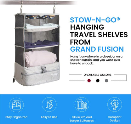 Grand Fusion Stow-N-Go Hanging Travel Shelves, Packing Organizer for Luggage. Carry on Closet for Suitcase. Expandable Packing Cube. Travel Essentials. (Black - L, L = (L) 11.8" x (W) 11.8")