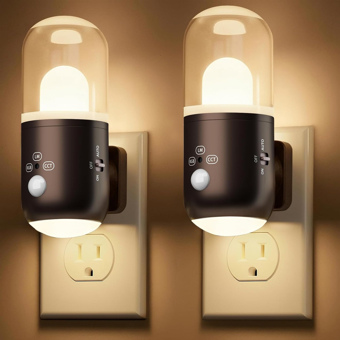 Night Light Plug into Wall with Motion Sensor & Dusk to Dawn Sensor, 3 Color Temperatures,RGB 8 Modes, 5-Level Dimming (20-240 LM) LED Night Light for Bedroom, Hallway, Stairs (White 2pcs)
