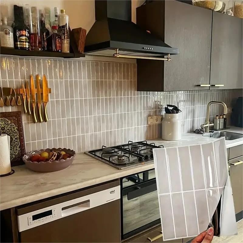 Heikki 20-Piece Kitchen Splash Guard Stickers, Peel-and-Stick Tile Splashbacks for Kitchen Islands, Bathrooms, Laundry Rooms, RVs, and Rental Spaces, 11.43 × 9 inches (Beige)