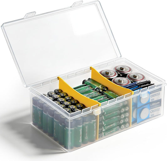 tutata Clear Plastic Battery Storage Organizer for AA, AAA, 9V, C Batteries, Storage Box Battery Holder Organizer for Common Types Batteries, Household Container (2 Dividers)