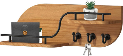 Key Holder for Wall, Decorative Key and Mail Organizer with 6 Sturdy Metal Hooks and Floating Shelf, 14 Inches Wood Wall Mounted Key Rack for Entryway, White and Gold