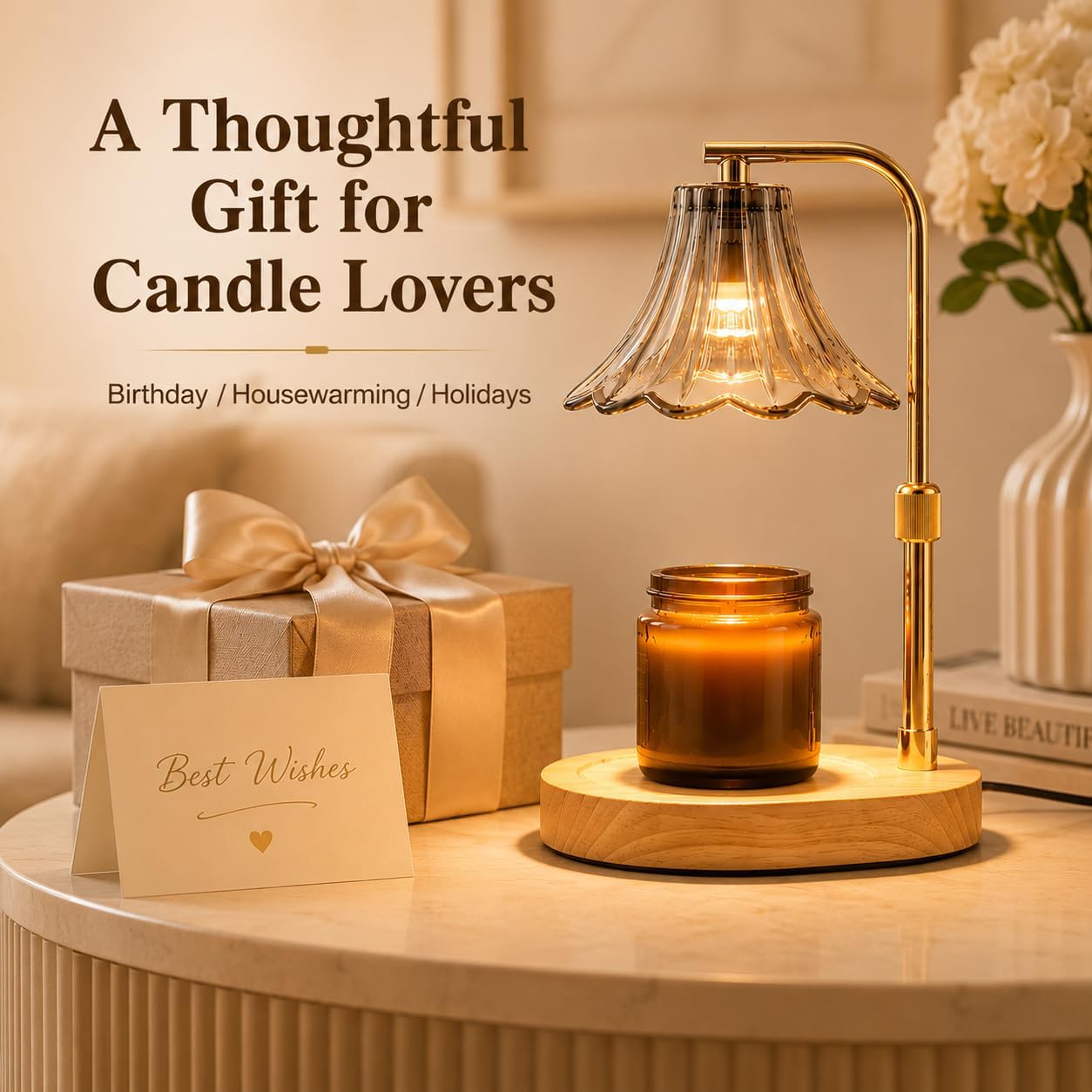 Candle Warmer Lamp with Timer, Dimmer, Vintage Glass Shade | Adjustable height, 2/4/8-hour timer, wood base, 2 bulbs included