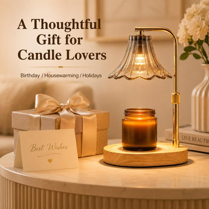 Candle Warmer Lamp with Timer, Dimmer, Vintage Glass Shade | Adjustable height, 2/4/8-hour timer, wood base, 2 bulbs included