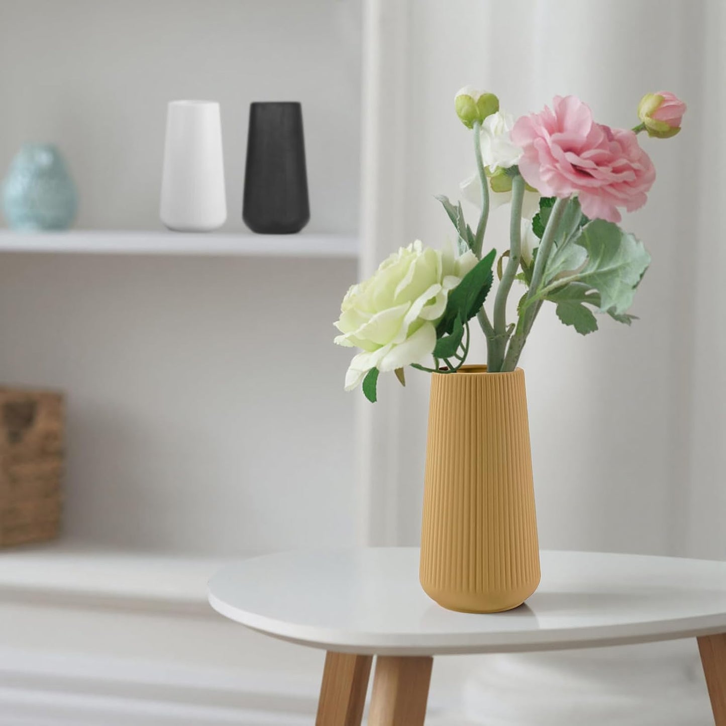 White Ceramic Vase, GUKJOB Small Cute Flower Vase for Pampas Grass, Home, Living Room, Dining Table, Farmhouse, Office Decor, Bedroom, Table, and Kitchen Shelf (White- 2PCS)