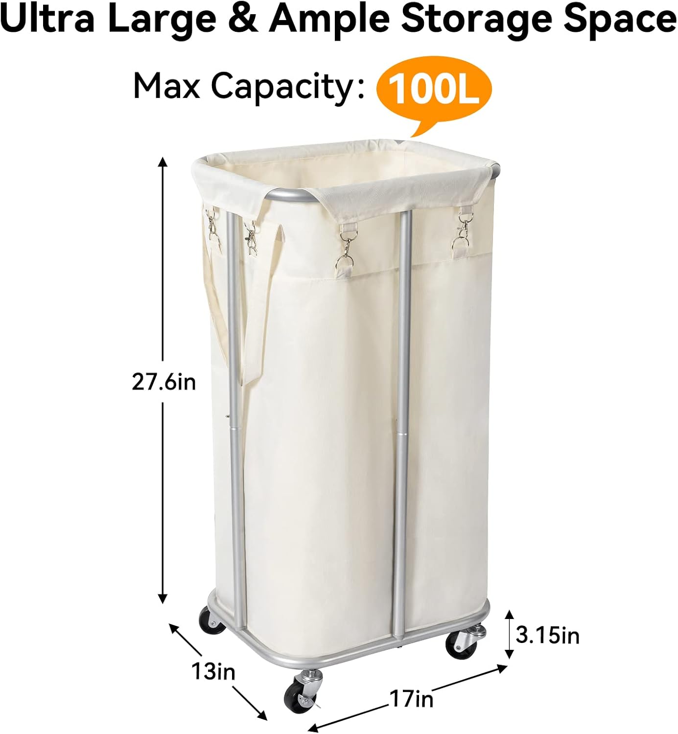 WOWLIVE Laundry Hamper with Wheels 260L Rolling Laundry Basket 3 Section Organizer Laundry Cart with Steel Frame and Removable Bags Large Dirty Clothes Hamper Dorm Room Storage for Bedroom