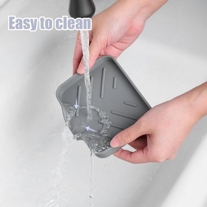 Silicone Bathroom Soap Dishes with Drain Spout Soap Dispenser Tray Sponge Holder Self Draining Kitchen Sink Counter Organizer Caddy for Dispenser Scrubber Bottle Cup(Black)
