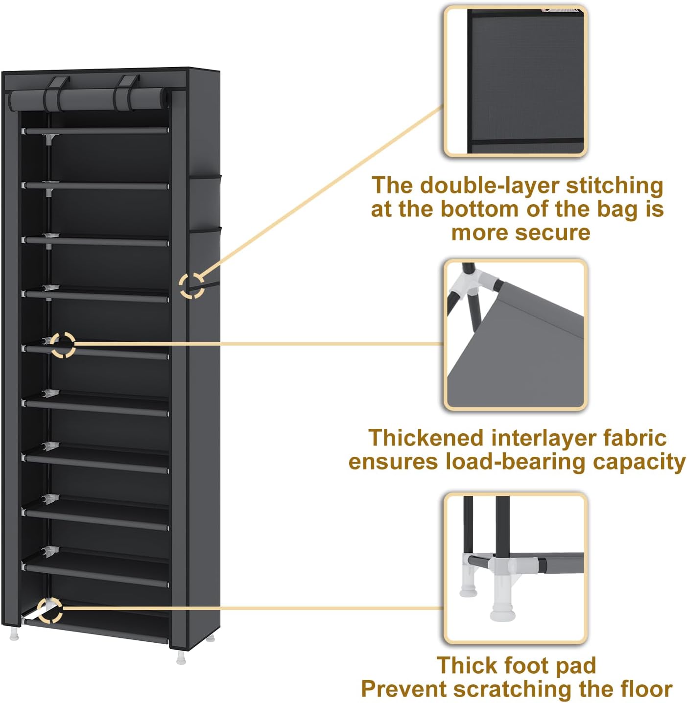 UDEAR 10-Tier Free Standing Shoe Rack Sturdy Shoe Rack Organizer for Closet Entryway Stackable Shoe Shelf with Dustproof Cover,Black