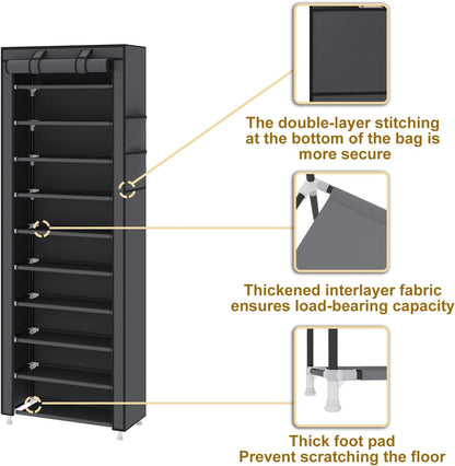 UDEAR 10-Tier Free Standing Shoe Rack Sturdy Shoe Rack Organizer for Closet Entryway Stackable Shoe Shelf with Dustproof Cover,Black
